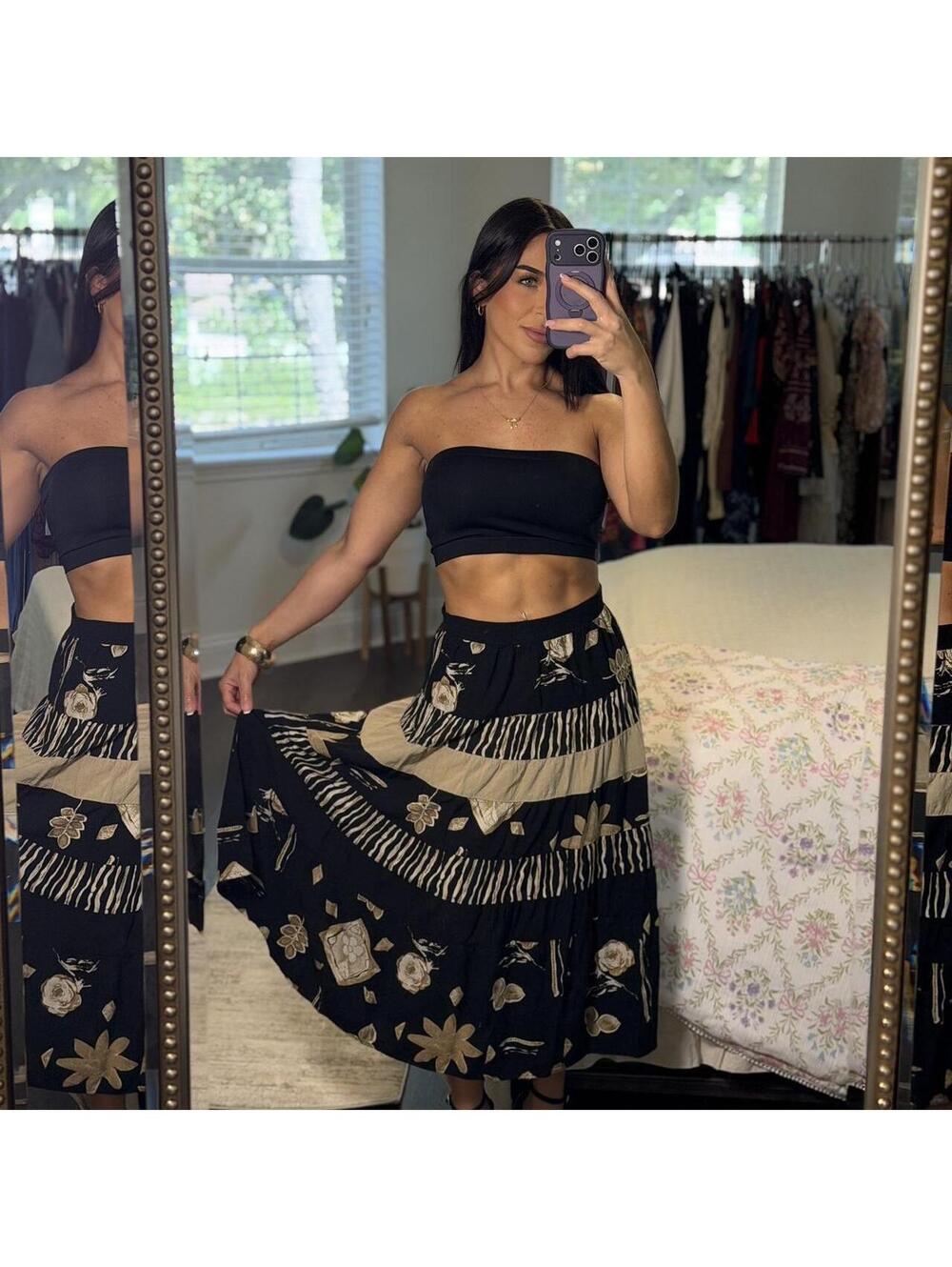 100% Rayon Vintage 90s Boho Midi Skirt Floral Patchwork Cottagecore Size 6